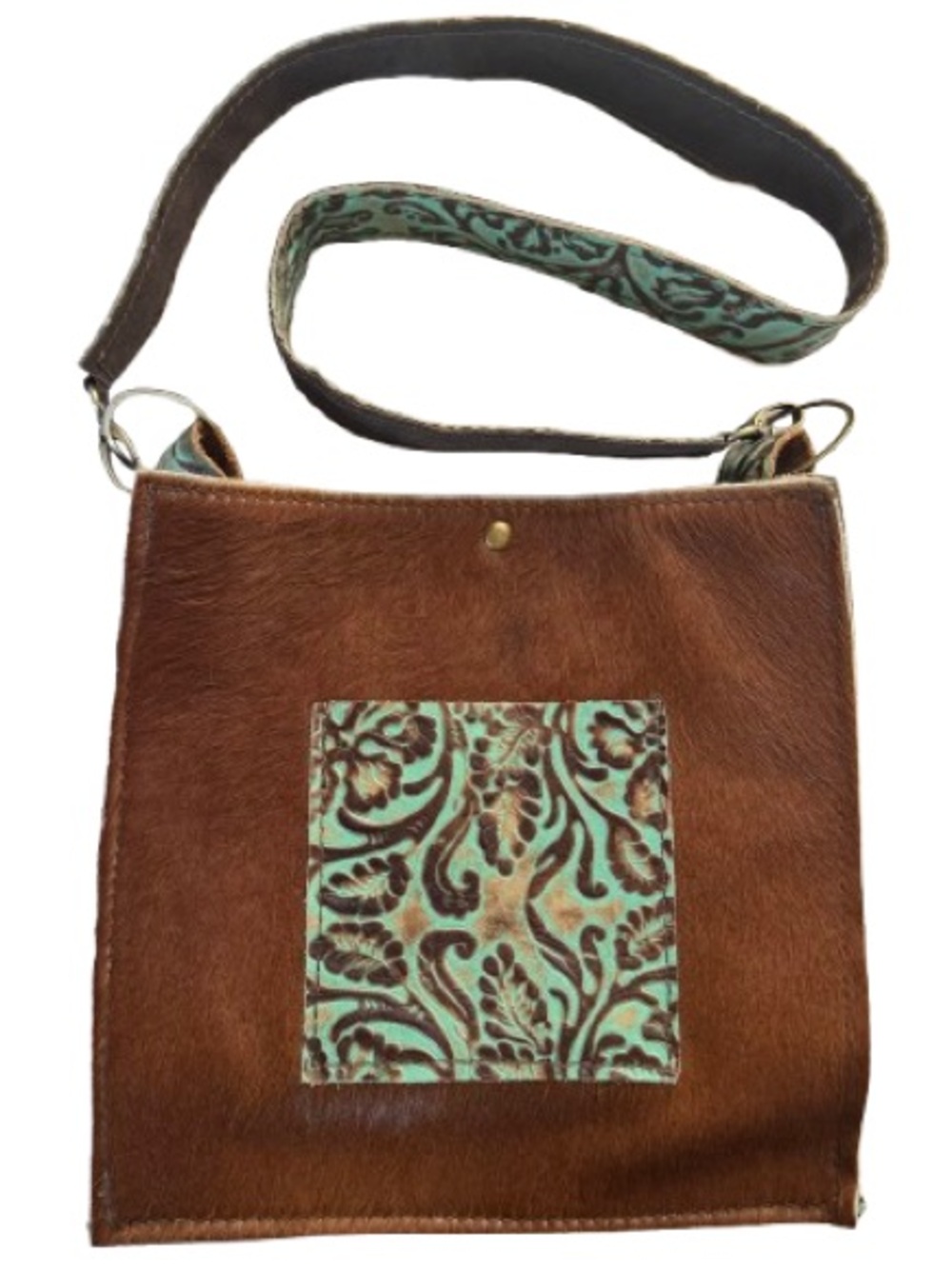 Western Brown Cowhide Turquoise Floral Leather Crossbody Bag Rodeo Boho